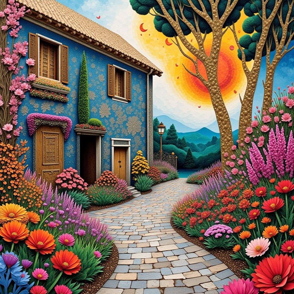 Vibrant Italian Courtyard in Abstract Collage