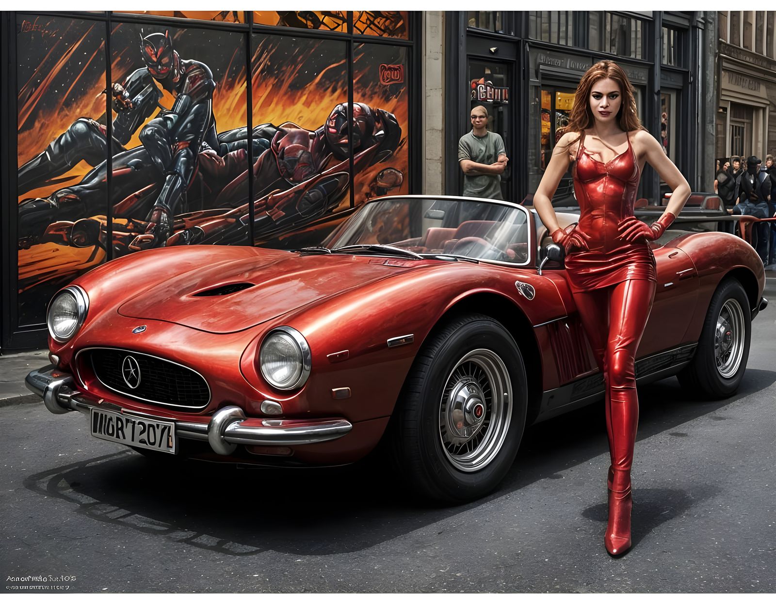 Red Catwoman Posing on Green Vintage Car: Comic Book Art