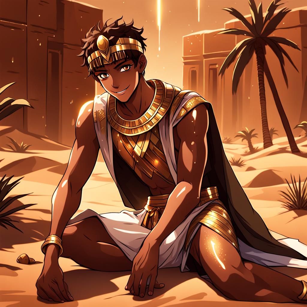 Anime Boy in Egyptian Costume at Oasis
