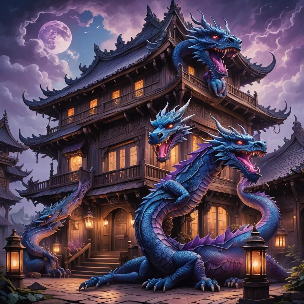 Three-Headed Dragon Lounging Outside Ancient Wooden House