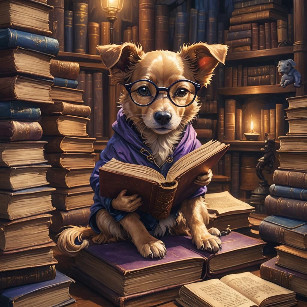 Dog Reading Book in Whimsical Fantasy Style