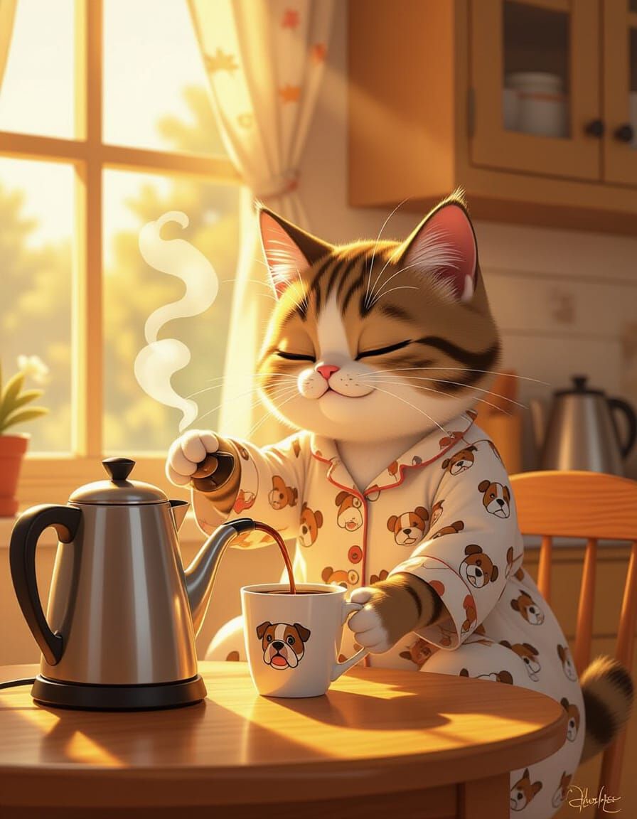 Sleepy Cat Pours Coffee in Morning Kitchen
