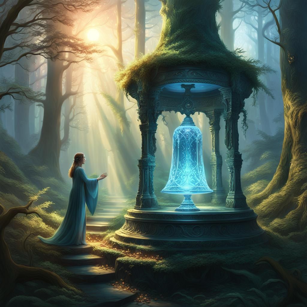 Crystal Bell Glows Faintly in Ancient, Mystical Forest
