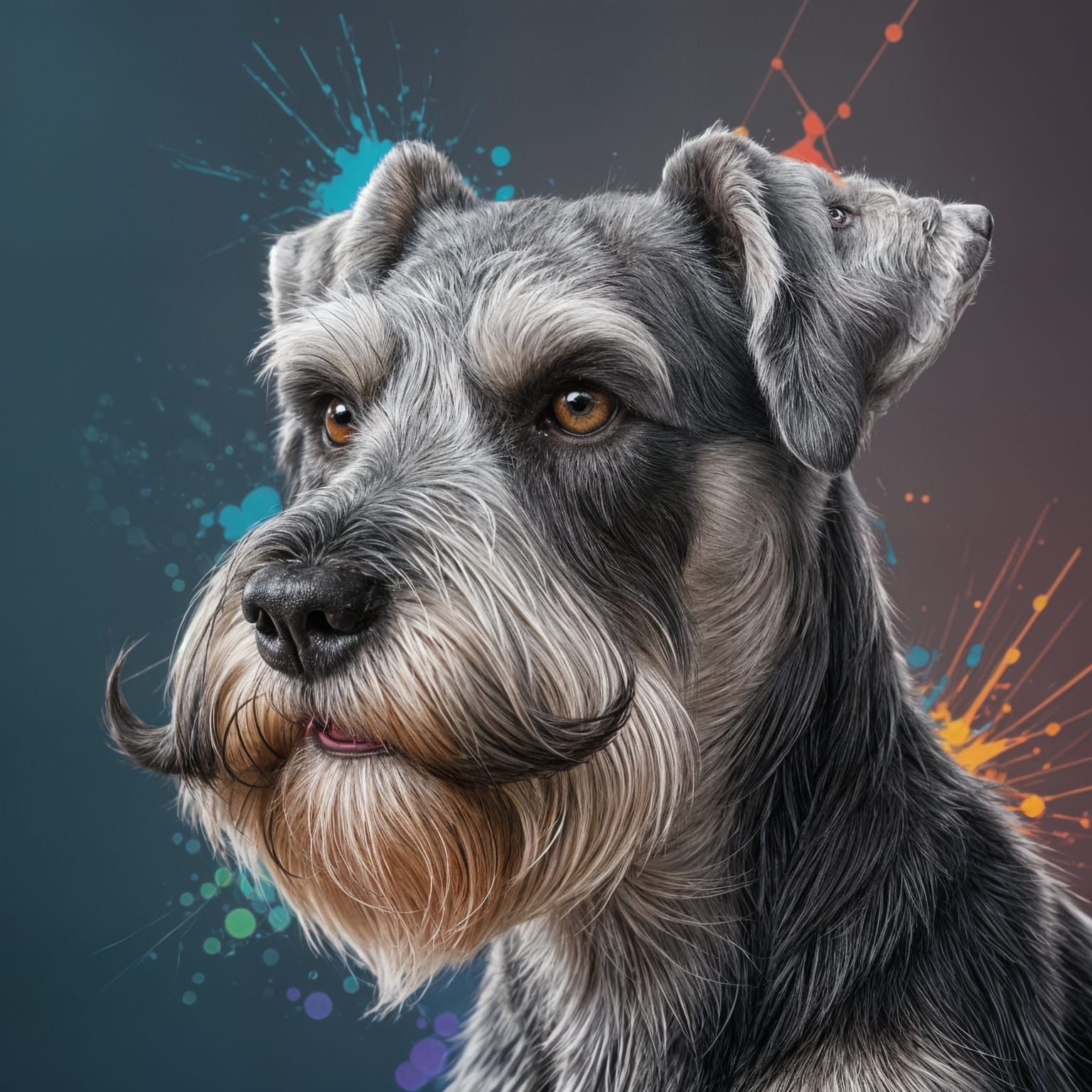 Gray Schnauzer Dog with Large Mustache Hyperrealistic Splash...