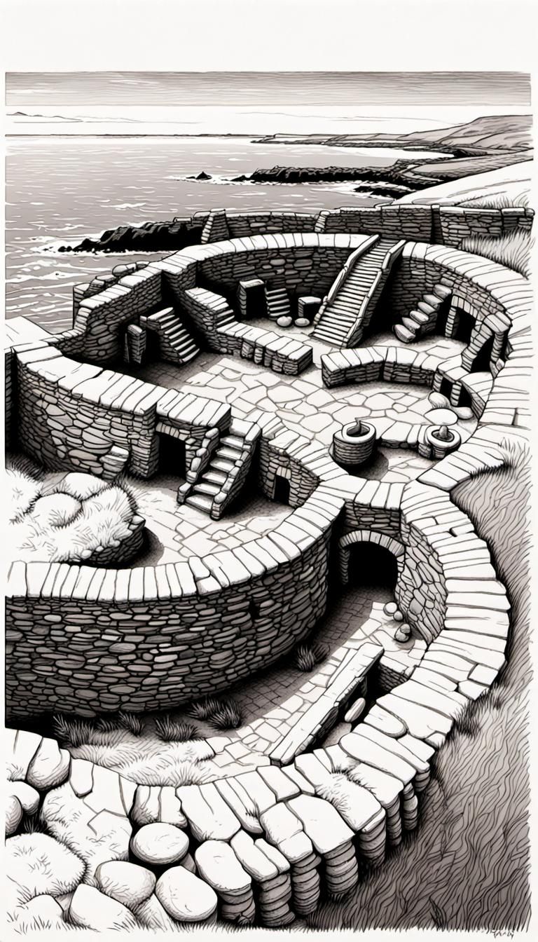 Skara Brae Prehistoric Village: Pen and Ink Illustration