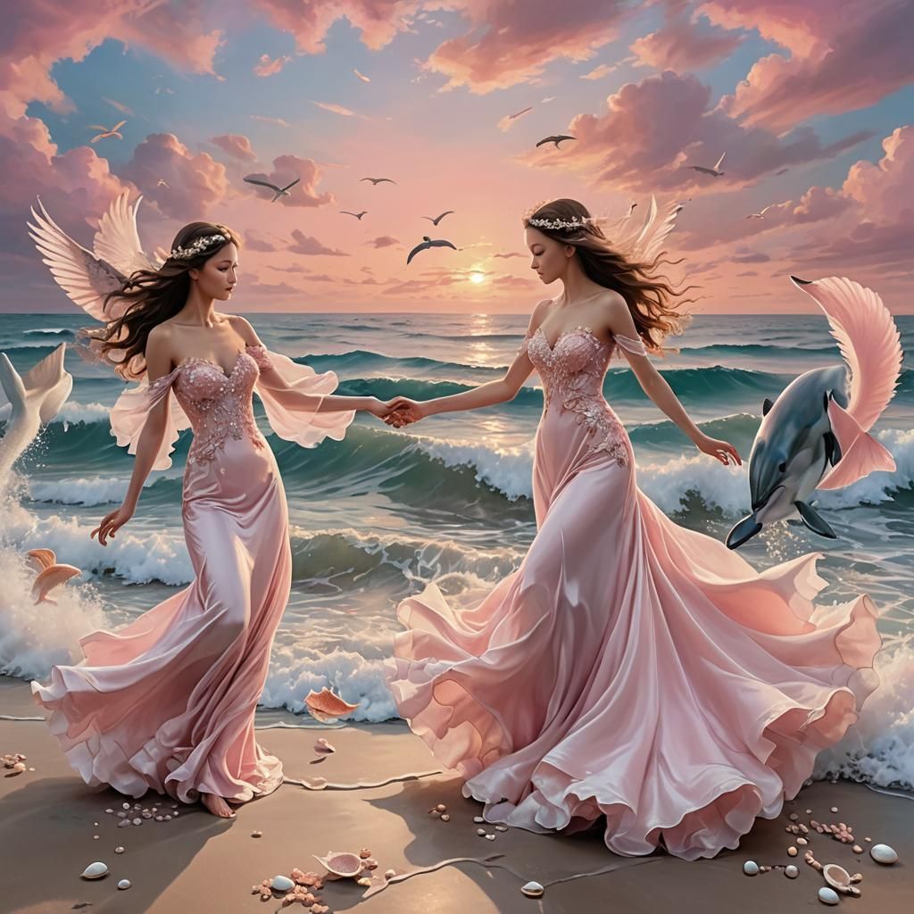 Angelic Sunset with Dolphins in Syd Mead Style