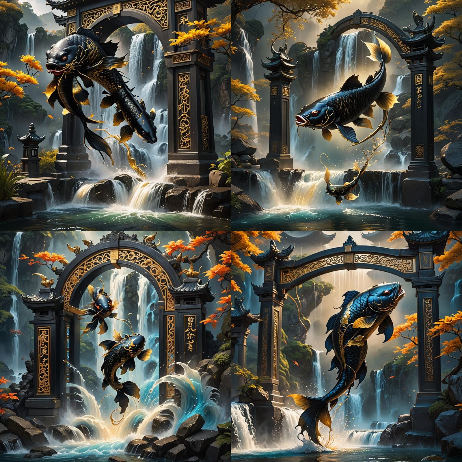 Koi Leaping Over Chinese Gate: Fantasy Art