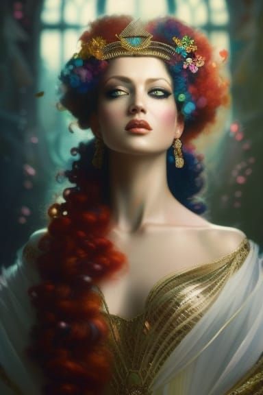 Red Haired Queen with Rainbow Gems, Digital Art