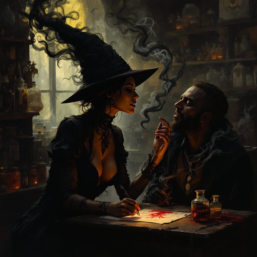 Noir Fantasy Witch Offers Deal to Nervous Merchant