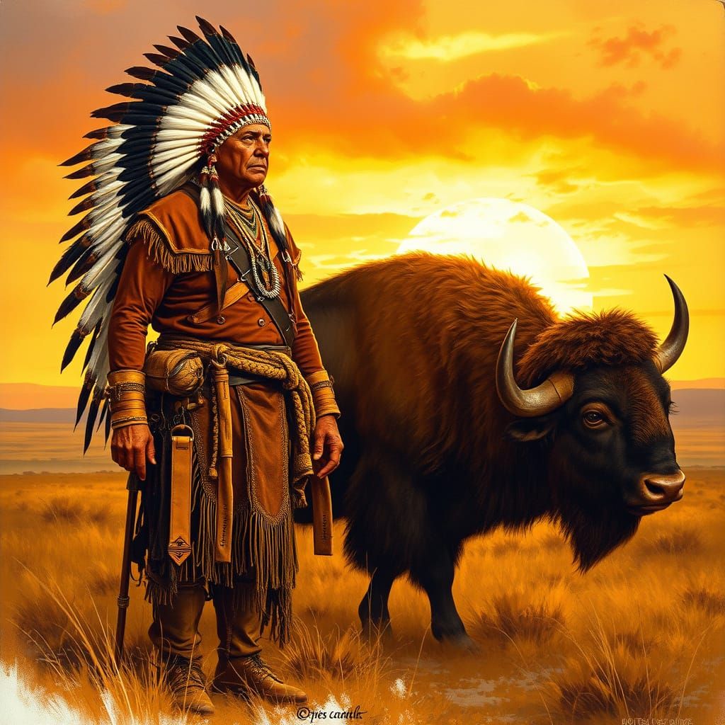 Native American Warrior Stands with Pride Beside Majestic Bu...