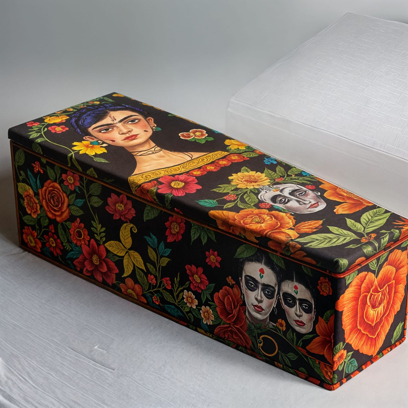 Frida Kahlo's Chic Eco-Coffin Design in Papier Mache Style