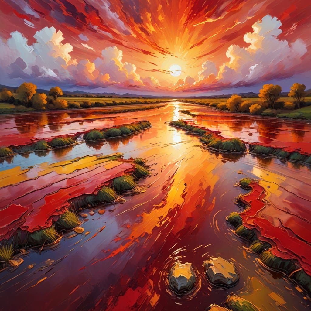 Red Sky River in Expressionist Impasto Style