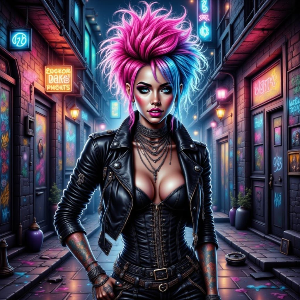 Punk Woman in Neon-Lit Urban Street