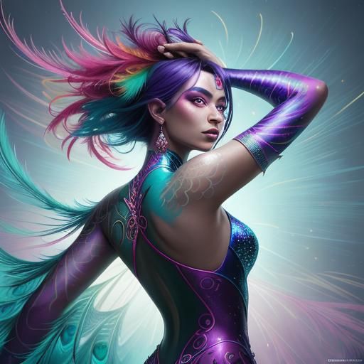 Peacock Woman: Surreal Fantasy Portrait in Digital Art Style