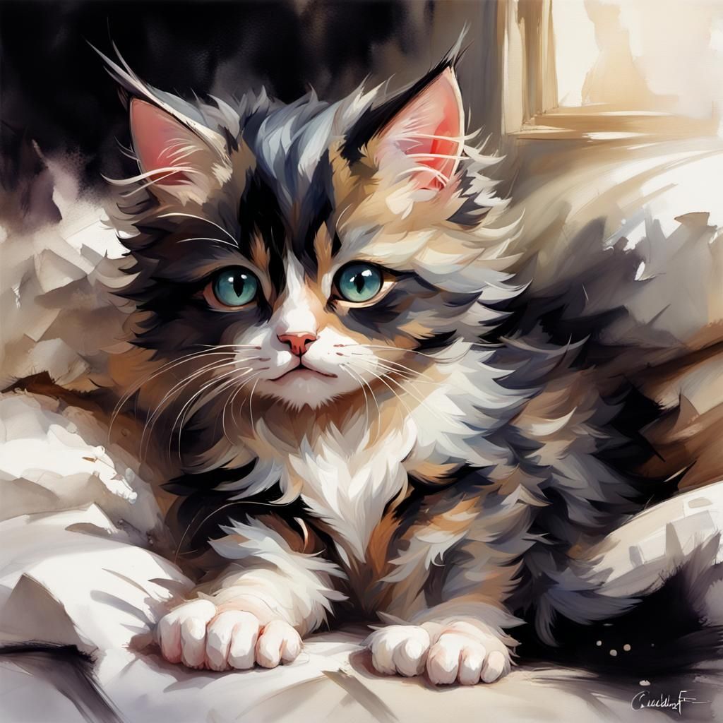 Chibi Black Cat in Bed, Impressionistic Watercolor