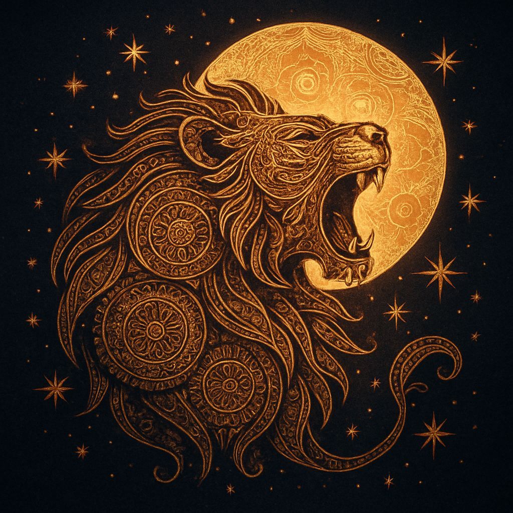 Celestial Lion Rangoli Pattern Under Full Moon