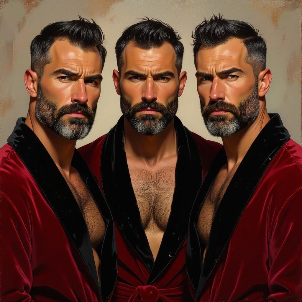 Three Handsome Men in Velvet Robes, Impasto Oil Painting