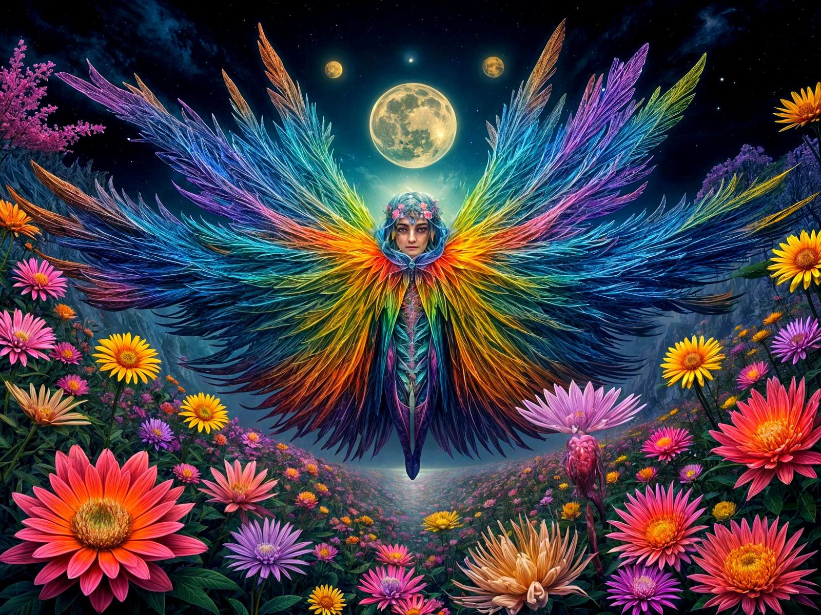Fractured Man With Rainbow Wings on Magic Moonscape