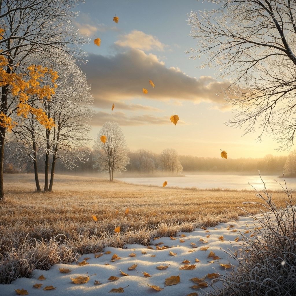 Autumn Frost Landscape Painting with Falling Leaves