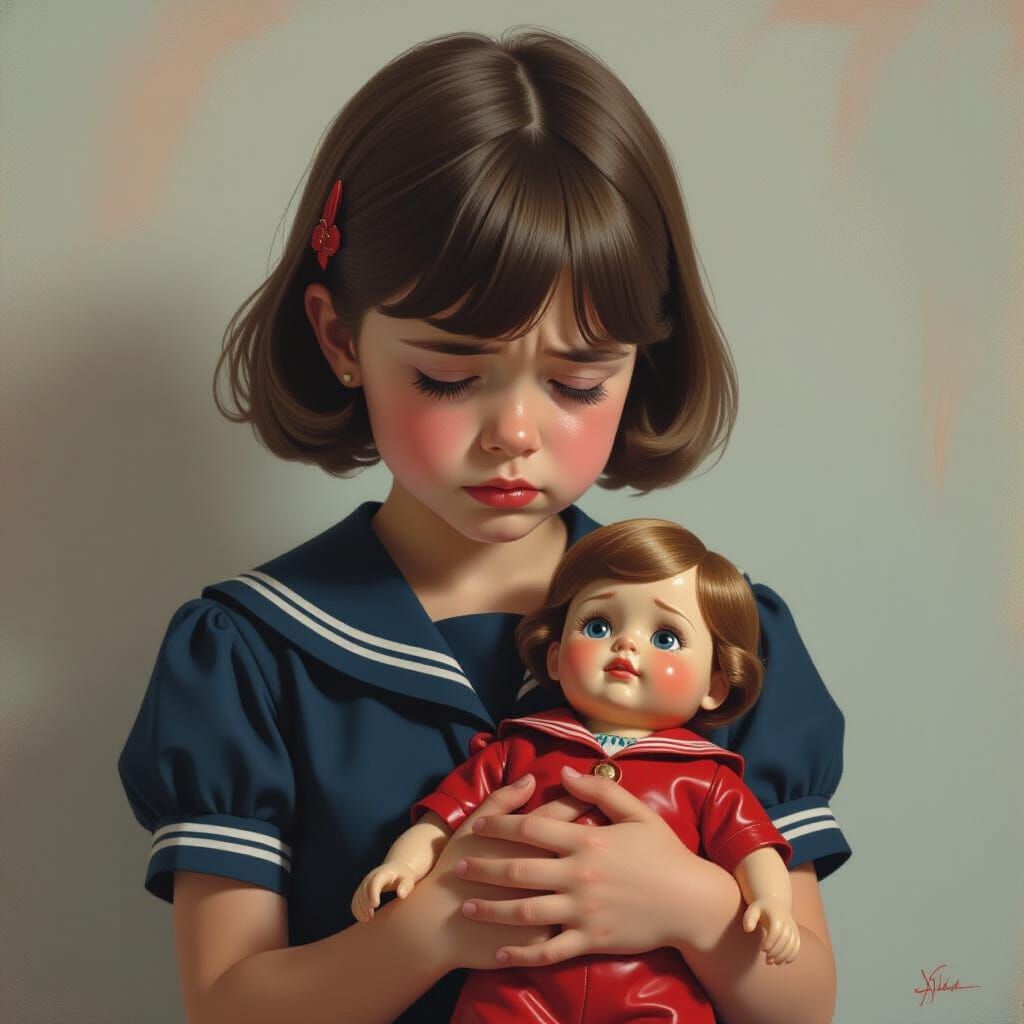 Young Girl Crying with Sorrow, Holding Doll, Hyperrealistic ...