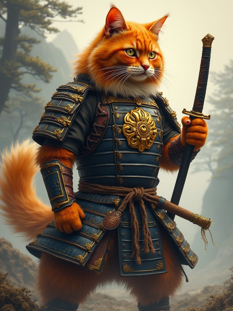 Majestic Samurai Cat in Vibrant Armor