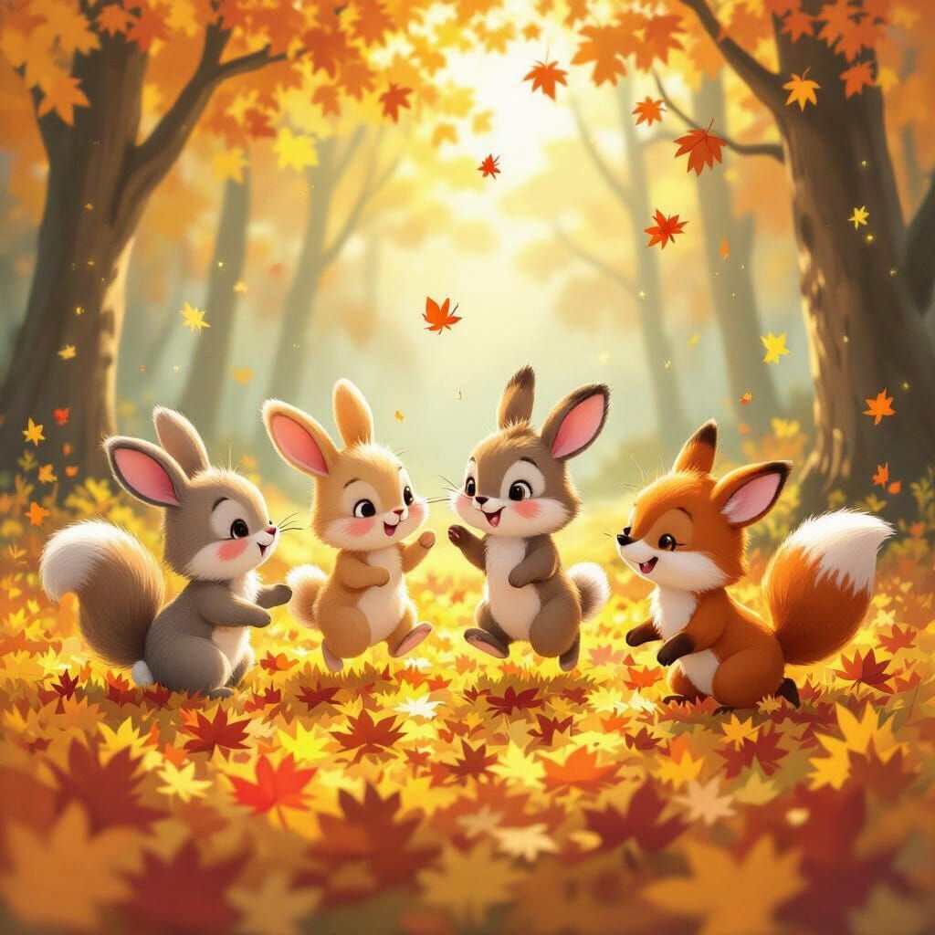 Cute Woodland Creatures Play in Autumn Leaves