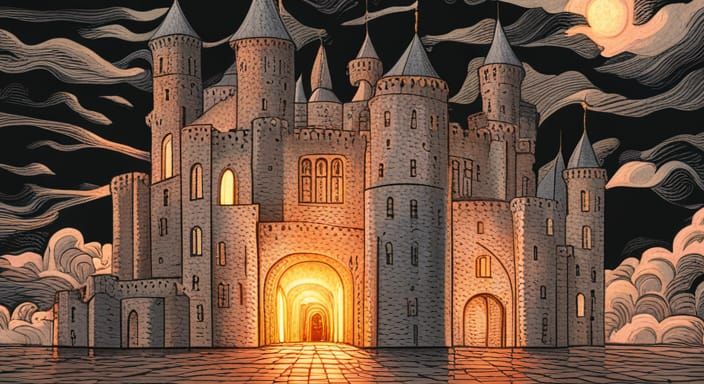 Stone Castle Woodcut with Torches and Whimsical Clouds