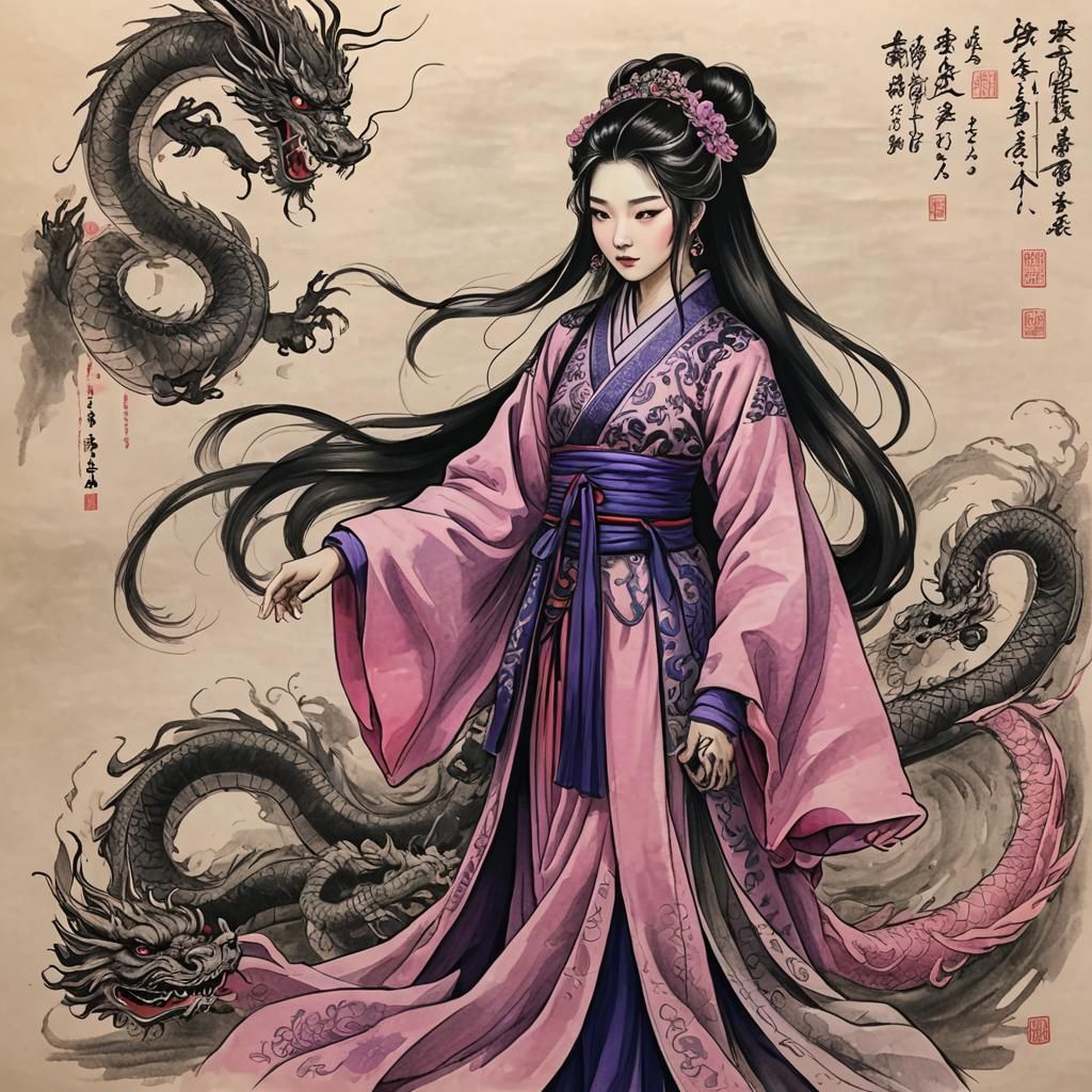 Chinese Dragon Princess Pen and Ink Sketch