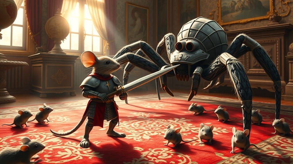 Whimsical Mouse Knight Battles Fearsome Spider in Living Roo...