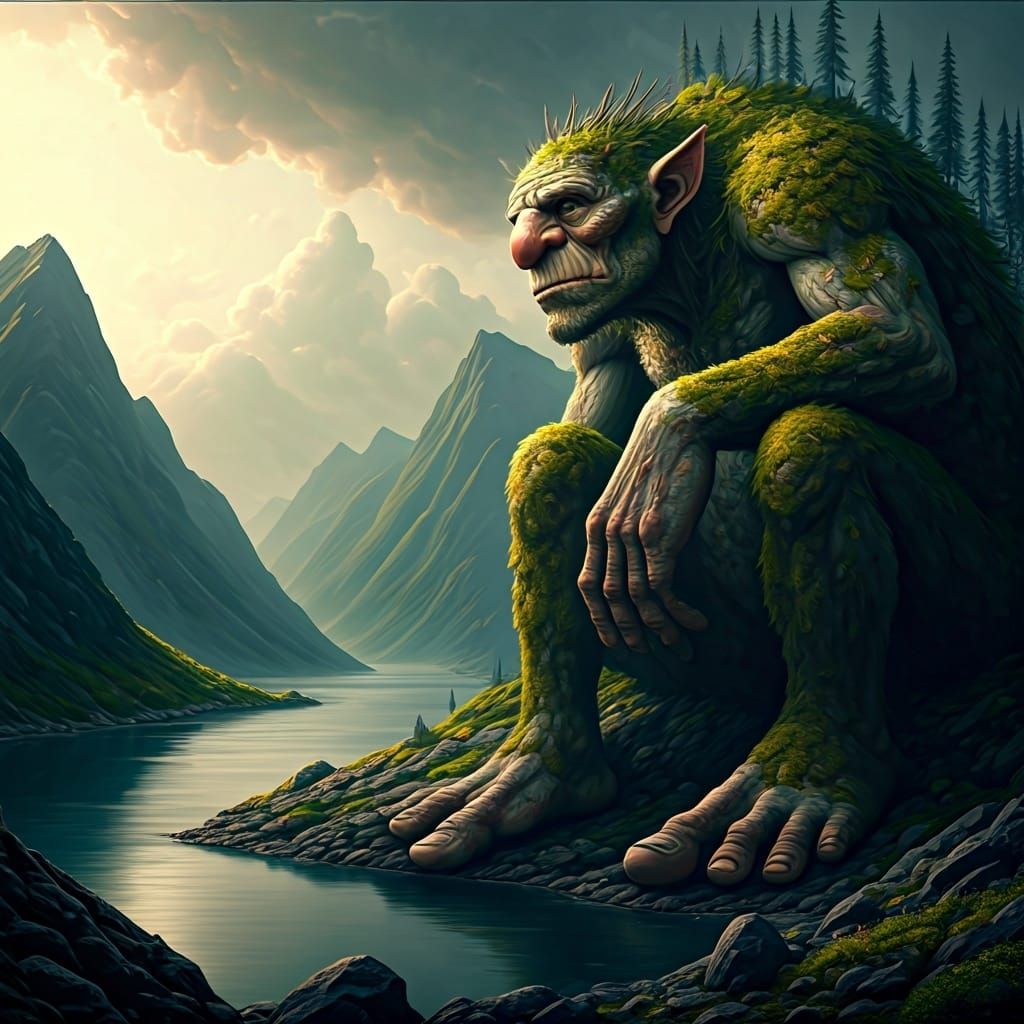 Moss-Covered Troll Overlooks Nordic Fjord Landscape