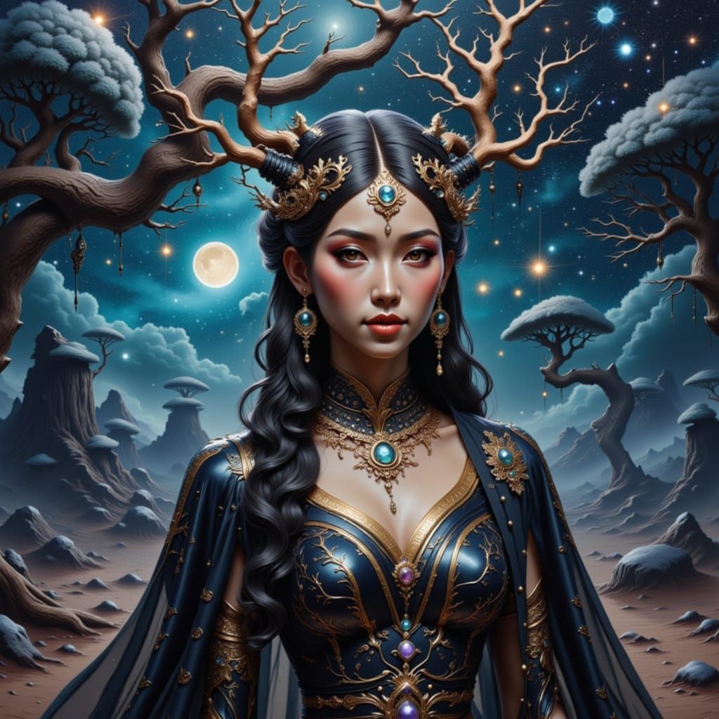 Dark Goddess Hecate at Crossroads Under Cosmic Sky
