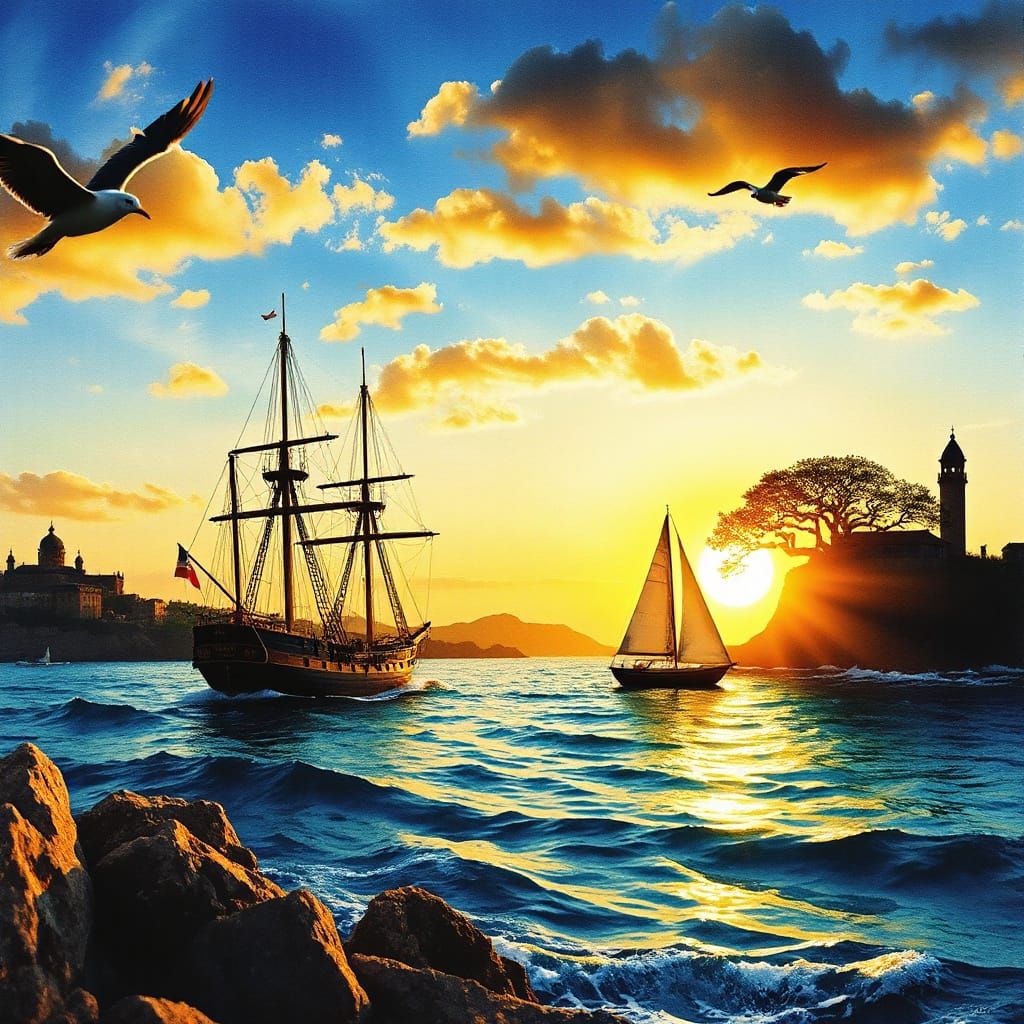 Maritime Sunset Scene in Expressive Watercolour Style