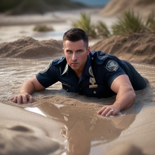 Male Police Officer Sinking in Quicksand