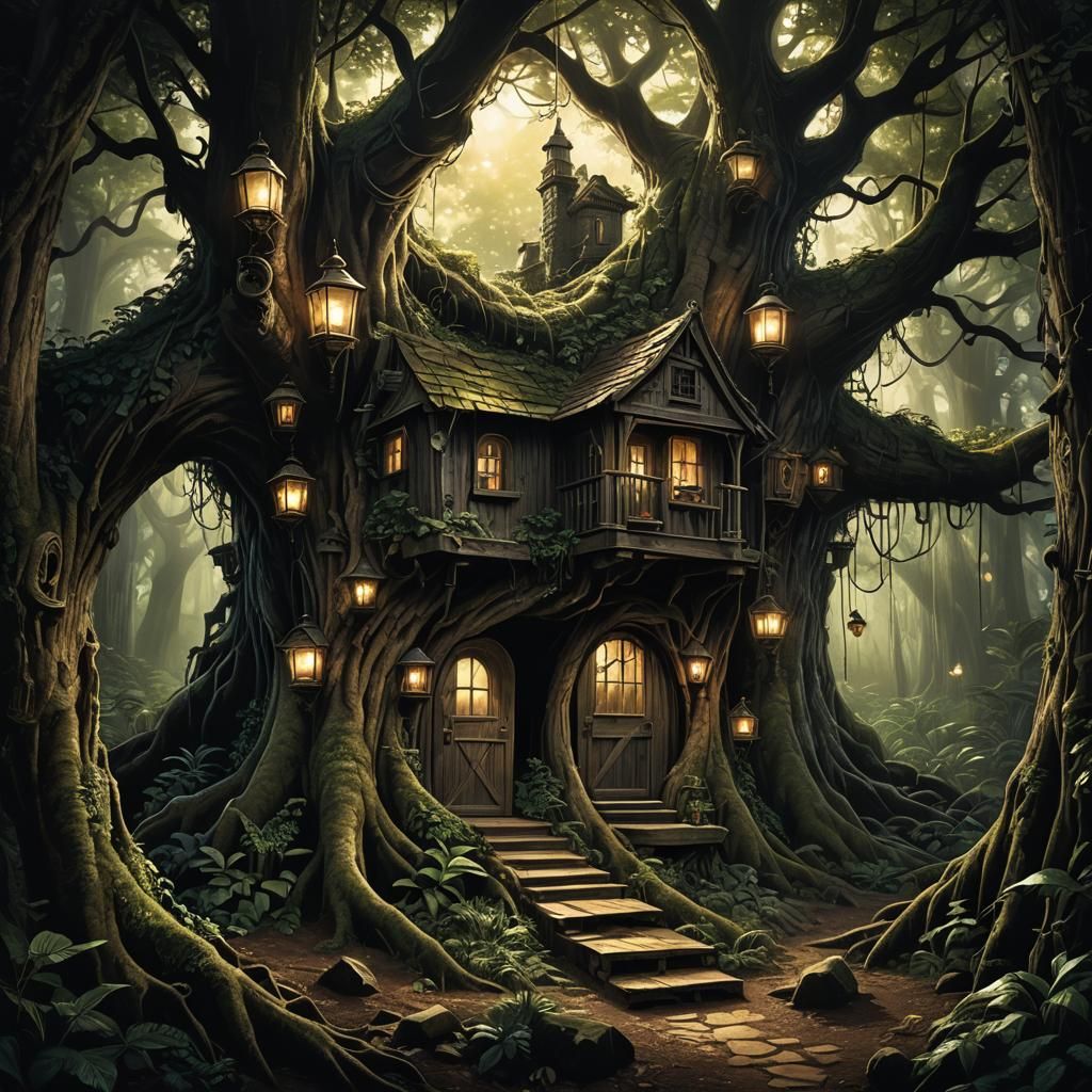 Enchanted Treehouse in Shadowy Jungle, Steampunk Art
