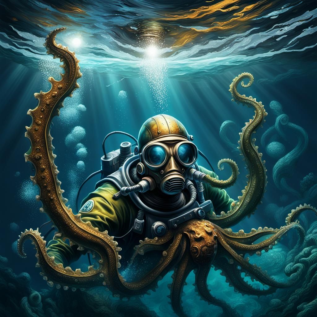 Hyperrealistic Deep Sea Diver and Kraken Splash Art