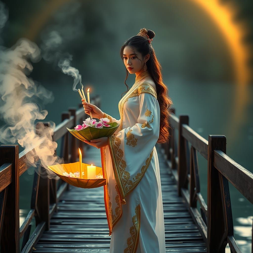Woman in Thai Dress with Krathong, Detailed Matte Painting