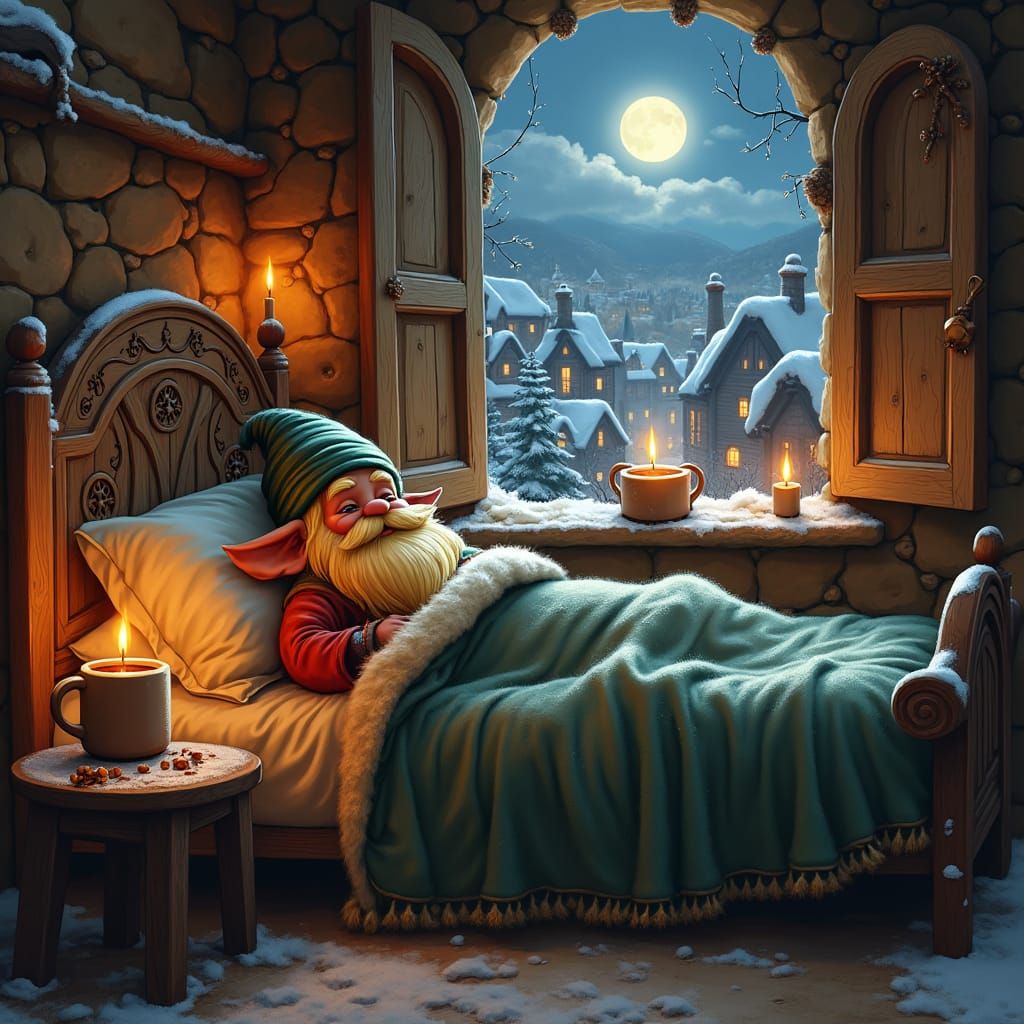 Gnome in Cozy Cottage at Night