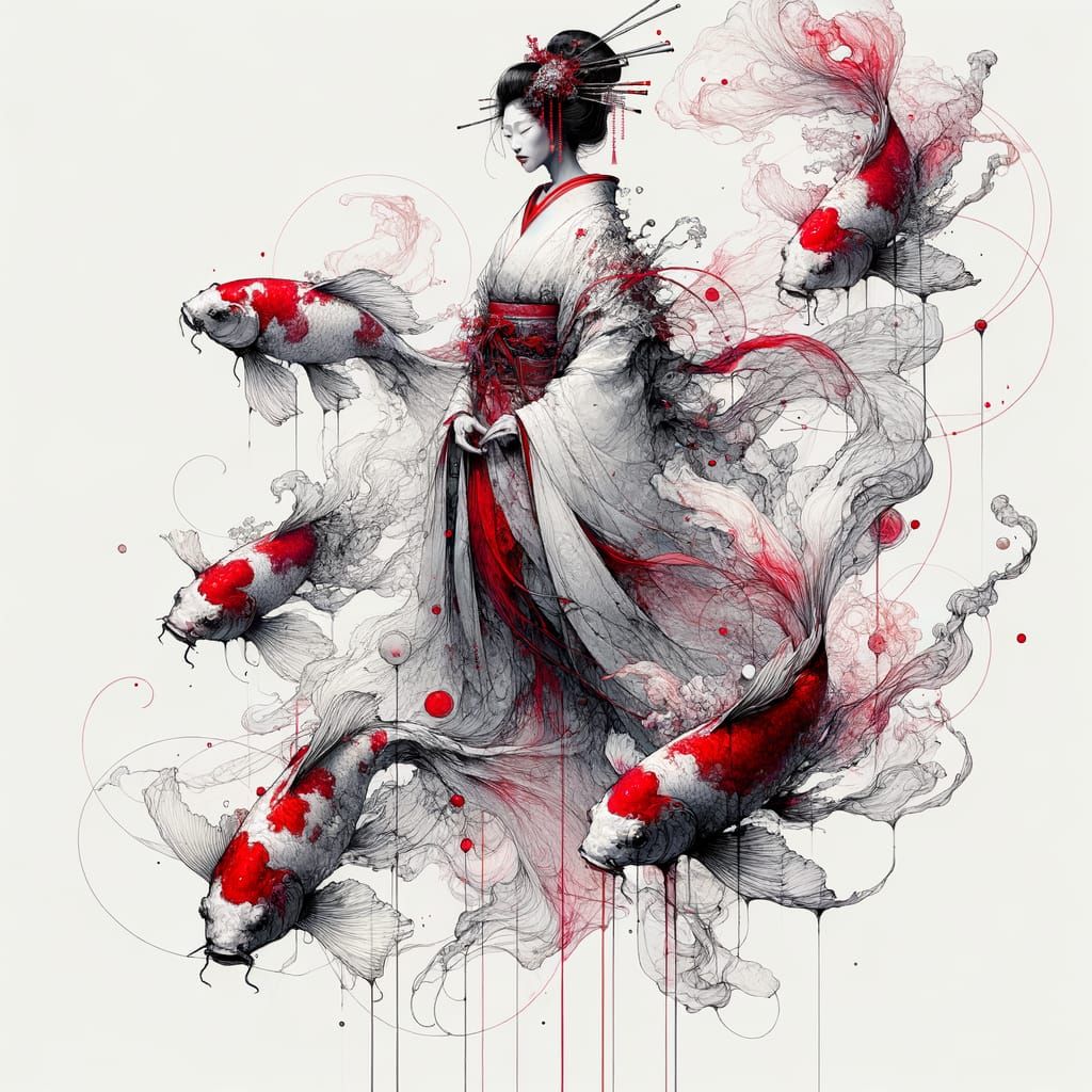 rule of thirds minimalist in a landscape format of a several koi fish and hauntingly mystical geisha woman