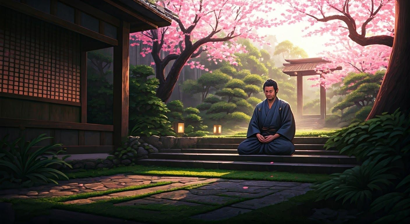 Samurai Meditation in Cherry Blossom Garden