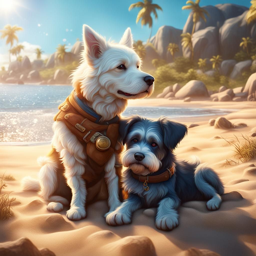 Two Cute Dogs Hugging at the Beach