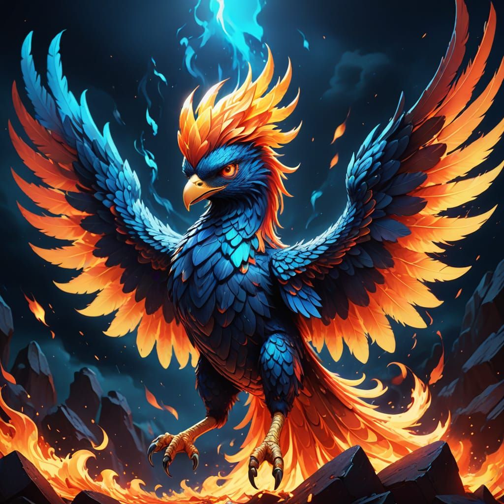 Majestic Chibi Phoenix Rises from Flames in Epic Anime Style