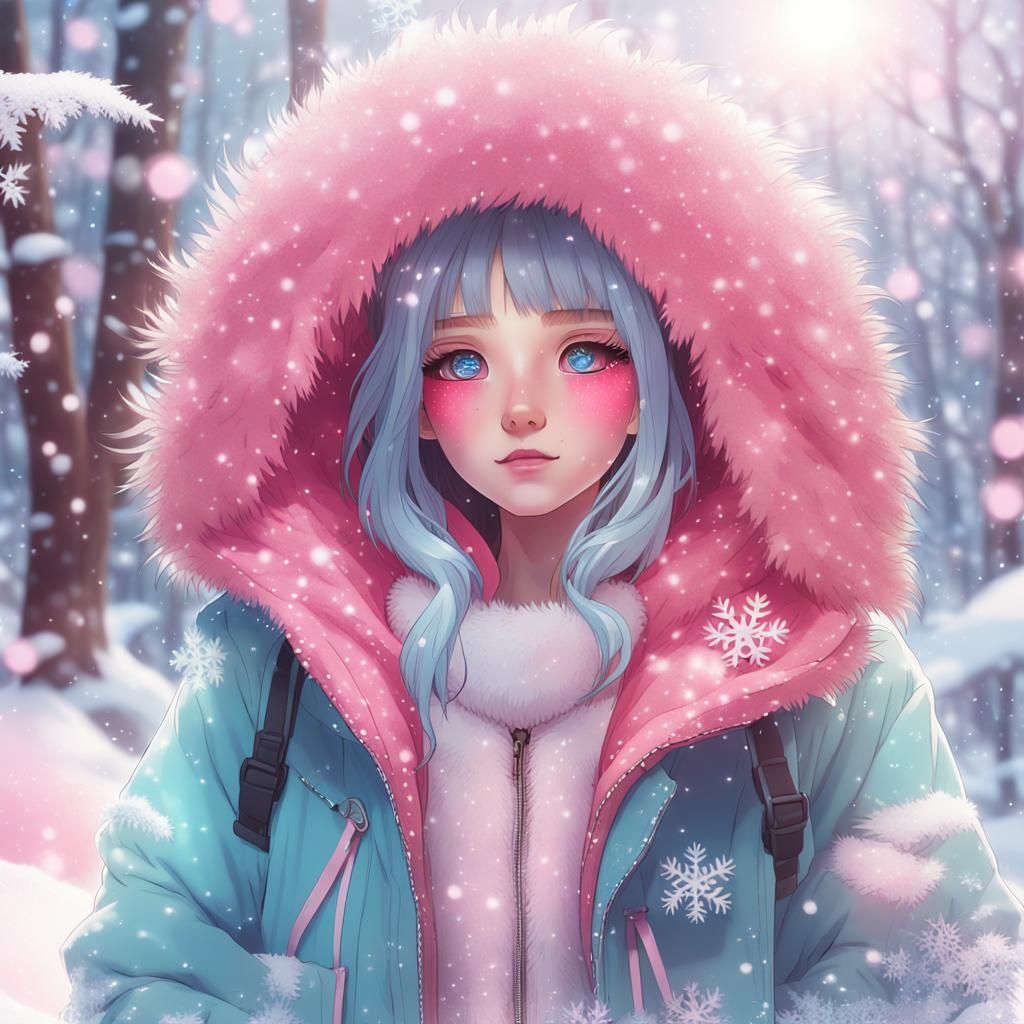 E-Girl in Snowy Forest, Kawaii Digital Art