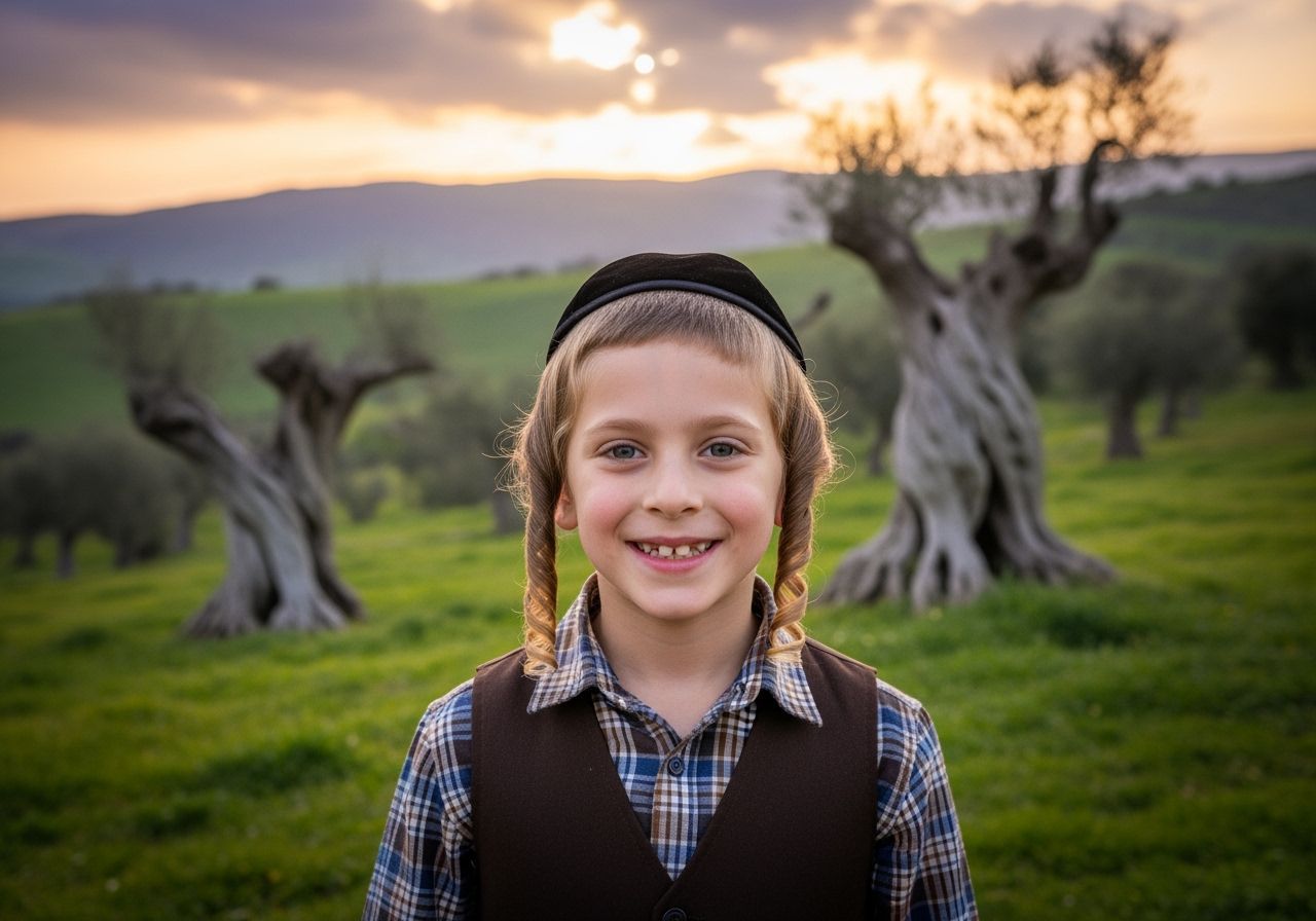 Orthodox Jewish Boy in Israeli Countryside at Sunset