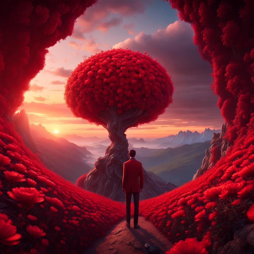 Man in Red Flower, Sunset Mountain, Detailed Matte Painting