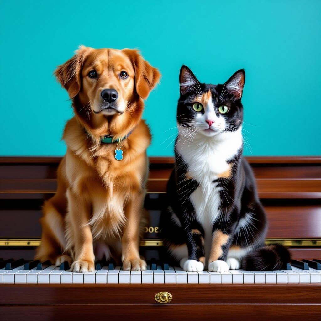 Dog and Cat on Grand Piano Realistic Photography