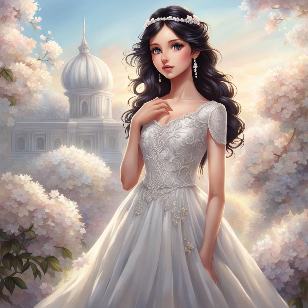 Elegant Girl in White Dress, Full Body Portrait