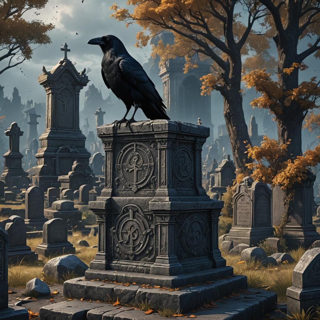 Crow on Tombstone: Detailed Matte Painting