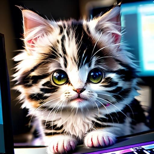Fluffy Kitten at Computer: Detailed Digital Art