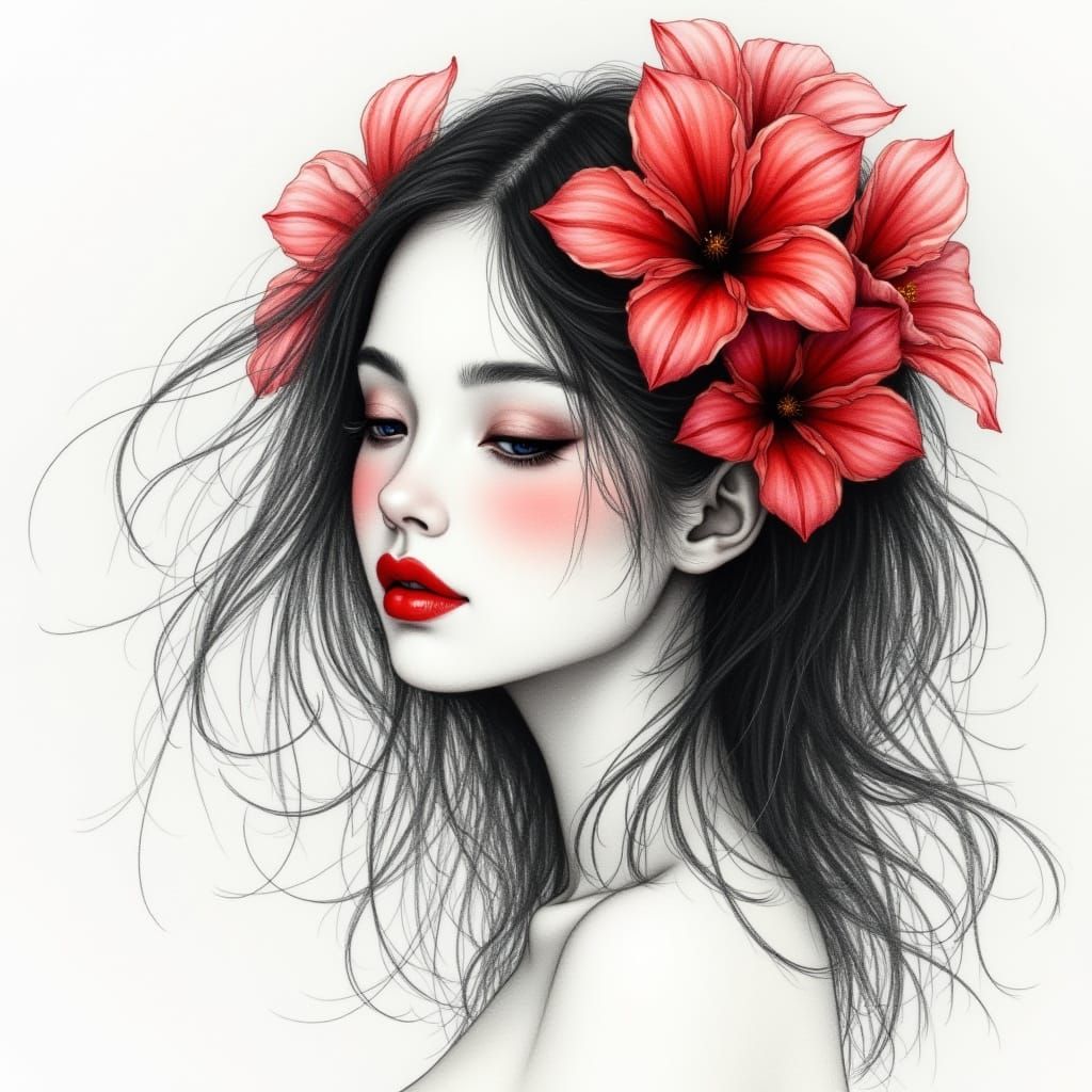 Pencil Sketch of Woman Adorned with Red Flowers