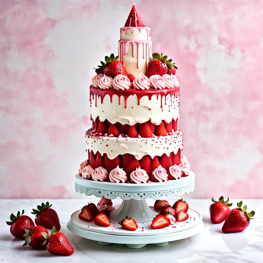 Hyperrealistic Strawberry Cake Watercolor